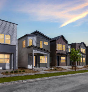 Row of single family homes for rent at Union at the Park inside Aline District.